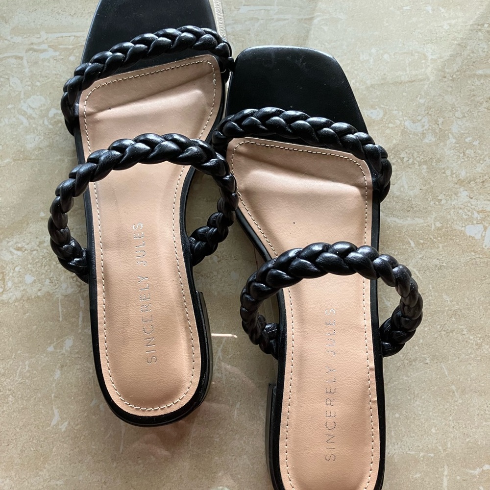 - Black sandals. Low heel. Sincerely Jules. Great shape. Hardly worn